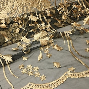 Gold Lace Fabric, champagne bridal lace, Gold Floral Embroidery on Black  mesh, 50“ wide lace, ”Gold Fabric by 1 yard