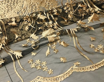 Gold Embroidery lace fabric, Vintage Black Tulle Lace, French Lace floral scallop edge, Bridal Wedding Lace, By 1 Yard