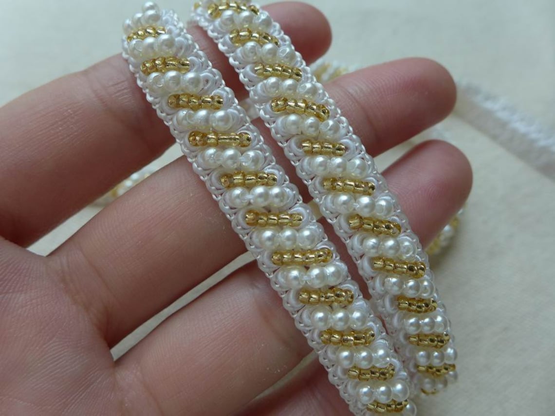 1 Yard Gold Beaded Trim Ivory Pearl Bead Lace for Bridal Etsy