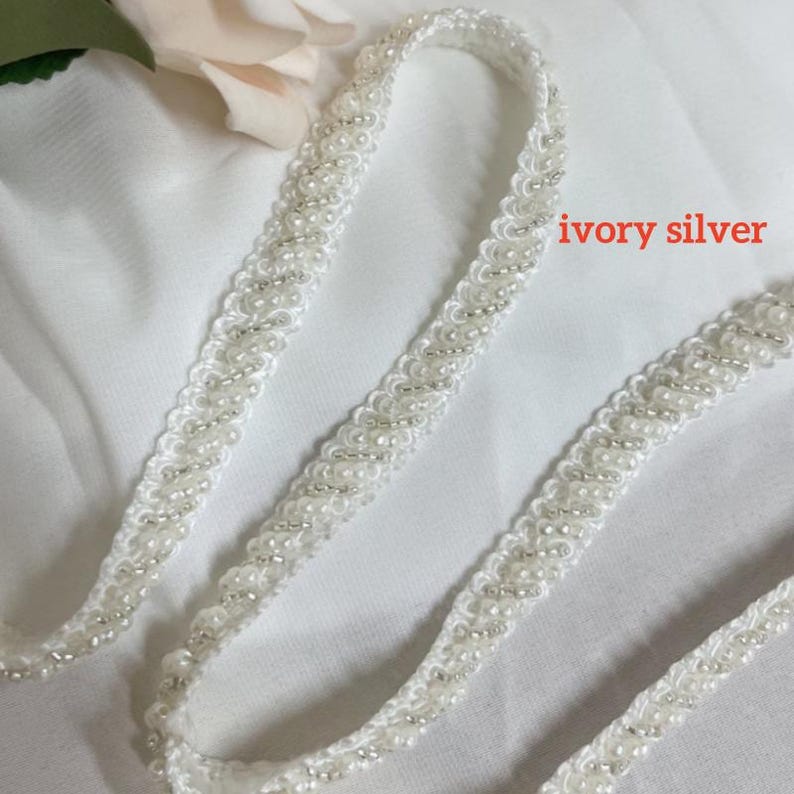 Beaded Trim, Ivory and Silver Beads, Bridal Trim, Wedding Applique, Pearl Beading Trim, 0.39" (1 cm) width, By 1 yard ivory silver