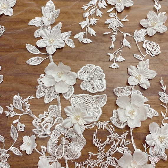 Ivory Beading 3D Petals Bridal Lace Fabric, Applique Flower Mesh  