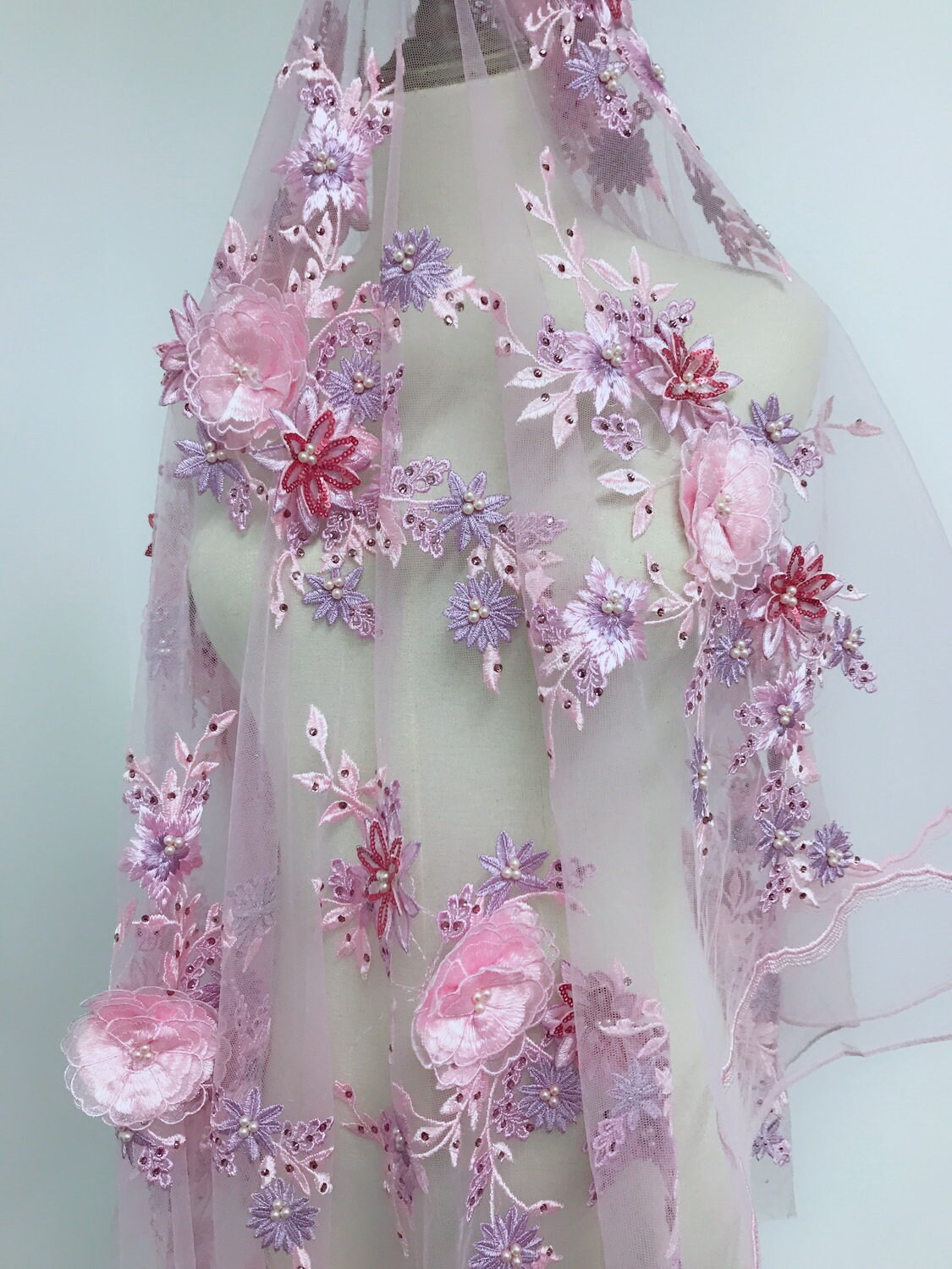 3D Beaded Flower Lace Fabric Embroidered Sequins Tulle Fabric Etsy UK