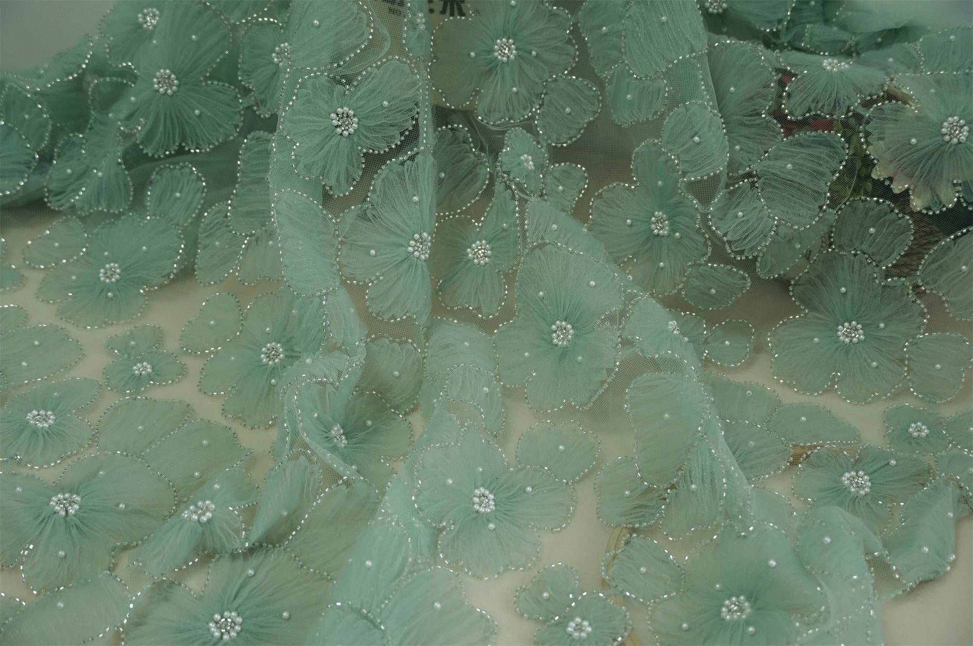 Fairy 3D Puffy Mesh Petals Bridal Lace Fabric, Dusty Green Embroidery Sequin silver Bead fabric for Rehearsal dress, Ceremony, Party