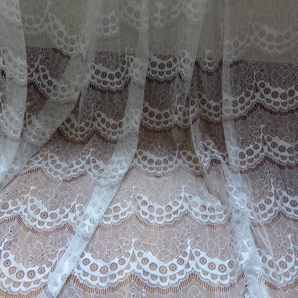SOFT Chantilly Fabric, Off White Scalloped Lace Fabric, Wedding Bridal Baptismal Gown Lace Fabric Supply, By 1 yard