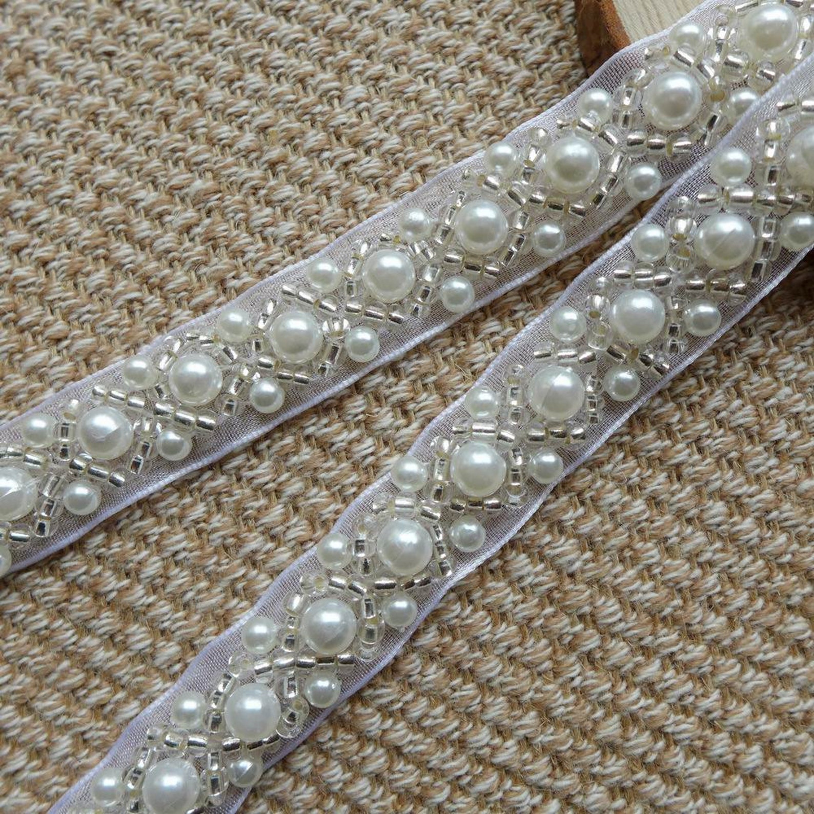 Beaded Lace Trim Ivory Pearl Beaded Trim 36 Long 1.5 Etsy