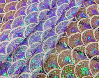 Iridescent Fish Scale Mesh Fabric, Sparkling Sequin Embroidered Lace, For Mermaid Dress, Evening Gown, Pageant Dress, Princess Skirt, 1 Yard