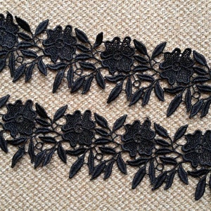 Black Lace Trim, Leaf and Flowers Lace Applique, Bridesmaid Sash, Headbands, Jewelry, By 1 yard