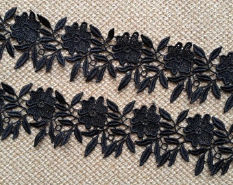 Black Lace Trim, Leaf and Flowers Lace Applique, Bridesmaid Sash, Headbands, Jewelry, By 1 yard