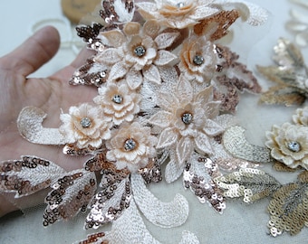 3D Rose Lace Sequins Rhinestone Applique for Lyrical Dance, Grad Gowns, Garments, Costume Design, By 1 piece