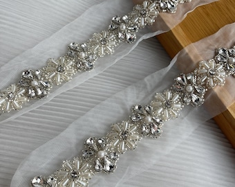 8929 Faux Pearl Rhinestone Wedding Bridal Ribbon Belts Set, 2 Pieces Ivory TOPQUEEN S319-G Plus Size Bridal Gowns Belts Golden Belts  main image 4