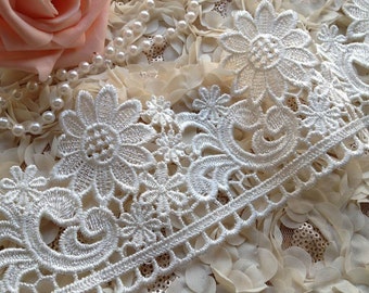 Ivory Flower Embroidery Lace Trim Bridal Wedding Sash Lace Supplies 3.54 Inches Wide, by 1 Yard