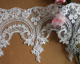 Adorno de encaje Alencon blanco roto, hermoso adorno de lentejuelas, encaje para velos de novia, adorno de encaje para vestido de novia, por 1 yarda