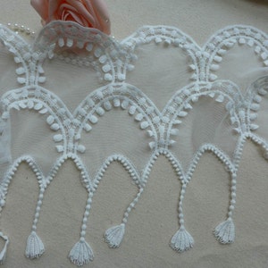 Wide Cotton Embroidery Tulle Lace Fabric, Off White Dangle Lace Trim with Scallop edging for DIY Wedding Bridal Doll Dress, by 1 yard