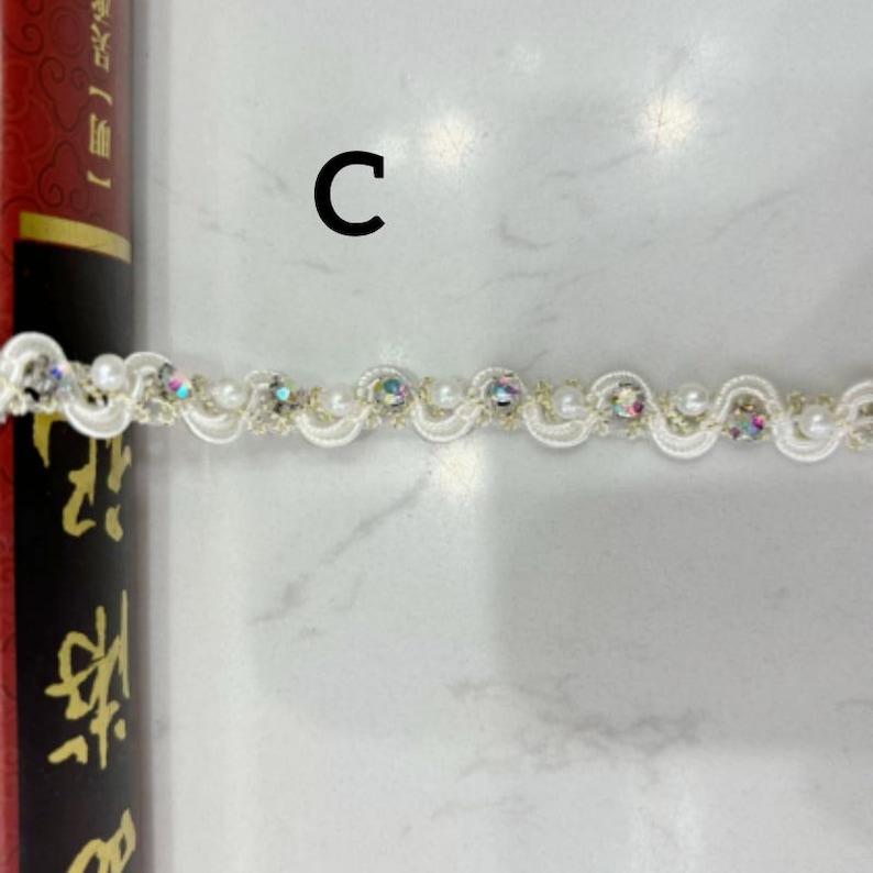 Delicate Acrylic Beads + Faux Pearls trim, Gold thread Bridal Trim, Pearl Beading Trim, 9 mm width, By 1 yard C