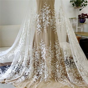 Embroidery Floral Applique Lace Fabric, Delicate Sequined Floral embroidered lace For Bridal Gown, Wedding Dress Supply, Prom, by 1 yard