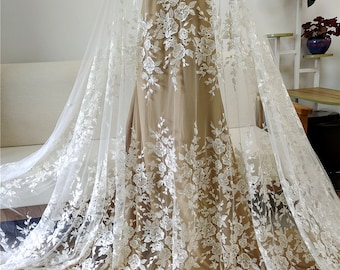 Embroidery Floral Applique Lace Fabric, Delicate Sequined Floral embroidered lace For Bridal Gown, Wedding Dress Supply, Prom, by 1 yard