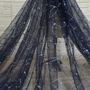 Celestial Embroidery Stars Sequins Stars lace fabric, Galaxy starry lace for prom, Wedding gowns, Veil,  party Dress, Stage dress, By 1 Yard