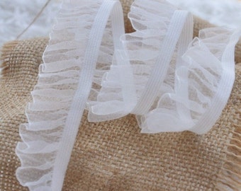 White Tulle, Ruffled  Elastic Stretch Lace Trim, Pleated trim for Sock's Edge, Cuff, Doll, Lingerie Supply, 0.98 Inches Wide, By 2 Yards