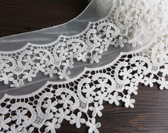 Cotton Embroidered Mesh Lace Off white Layers Flower Fabric Trim 6.7" wide, by 1 yard