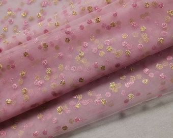 2 Tones Lovely Print Gold Polka dots, 6MM Glitter Swiss Dots Soft Mesh lace fabric For Tutu, Puff sleeves, Party Dress, Cosplay, By 1 Yard