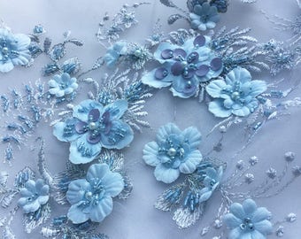 Gorgeous Embroidery bridal lace applique, Heavily beaded applique, with 3d flowers for wedding dress veils supply, 1 piece