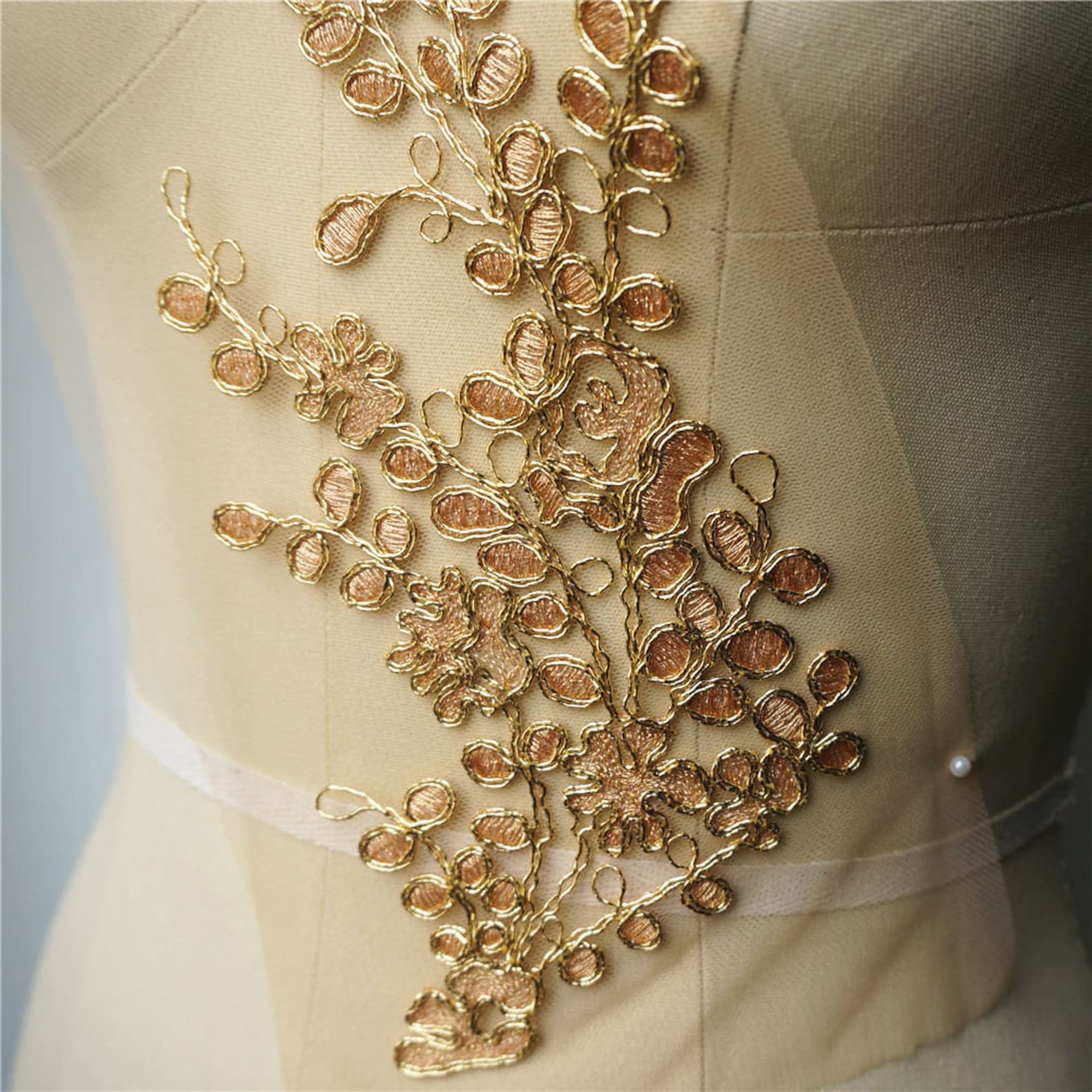 Gold Leaf Branch Lace Applique Gold Alencon Corded Lace Patch Etsy