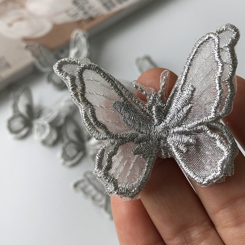Handmade Crystal Butterfly Applique With Tails (2 Pcs) - Silver AB Rhinestone Sew On Trim For Wedding Dress