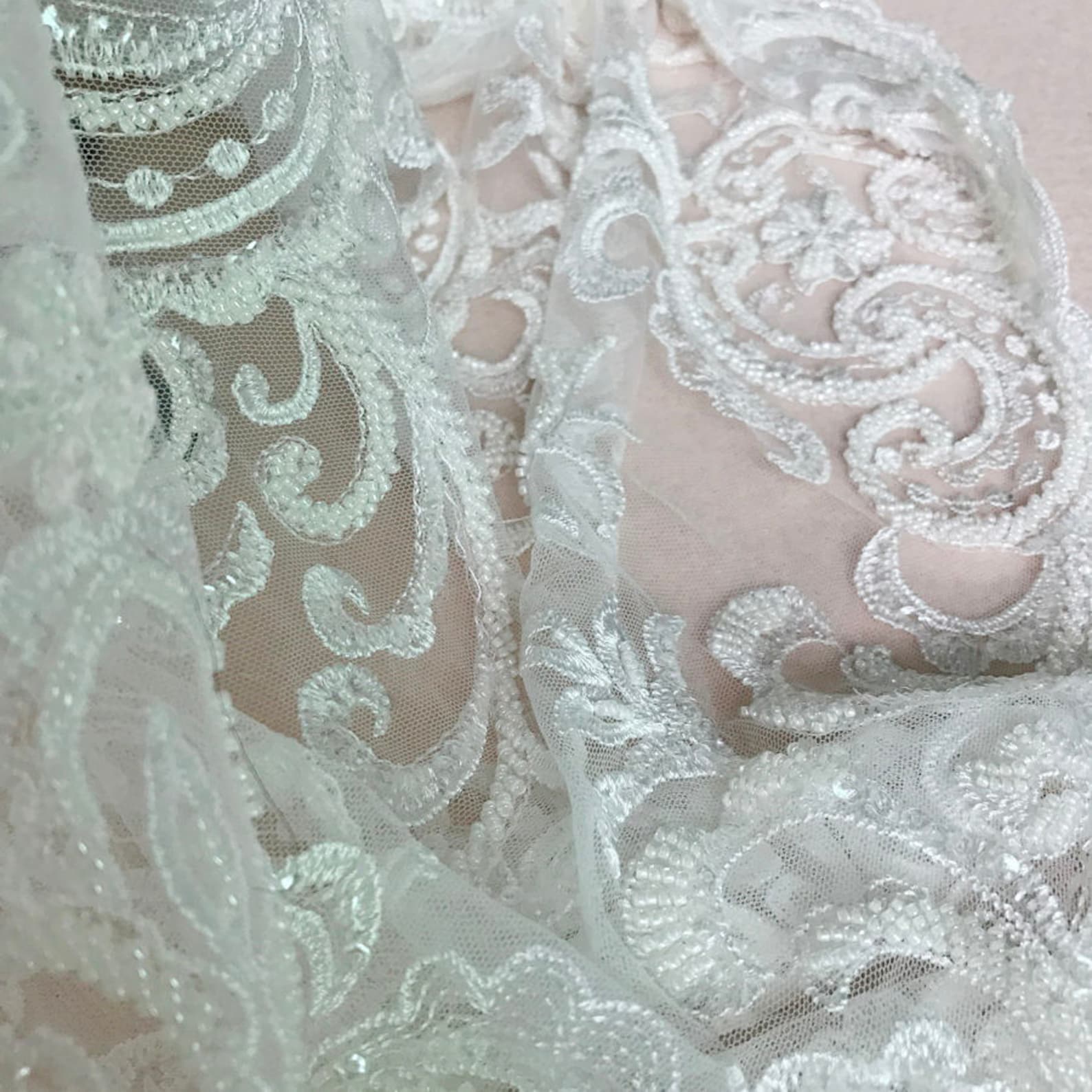 Pearls Beaded Fabric Ivory Wedding Lace Heavy Embroidery | Etsy
