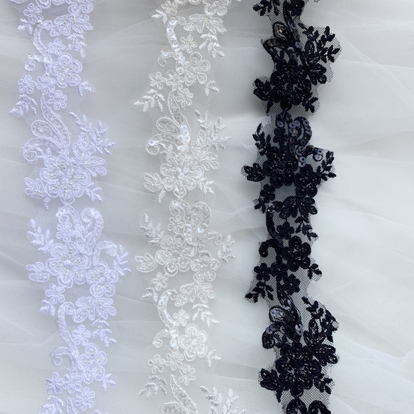 Black / Ivory / Pure White Beaded Alencon Lace Trim,  Flower Pattern trim For Wedding Dress Straps, Lace Bridal Strap Shoulder, by 1 yard