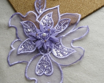 Embroidery Purple 3D Sheer Organza Bridal Flowers, Sequins Beaded Organza Flower Applique For Dress Blouse Decor, Millinery, Costume