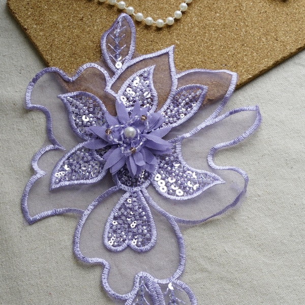 Fleurs de mariée en organza transparent 3D pourpre, appliques de fleurs en organza de perles de paillettes pour décoration de chemisier, chapellerie, costume