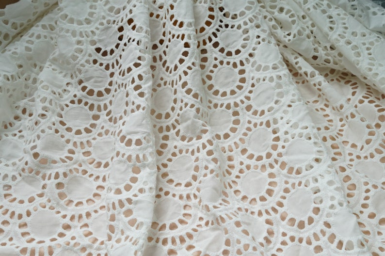 Scallop Pattern Pure cotton lace for Boho Dress Vintage Cotton Eyelet Flower Lace Fabric in Off white Girl Dress Tablecloth or Curtains