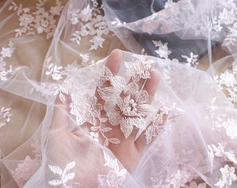Soft Pink Wedding Lace Fabric, Baby Pink Flroal Embroidery Lace Fabric, Gauze Tulle Bridal Lace Wedding Stage Background, by 1 Yard