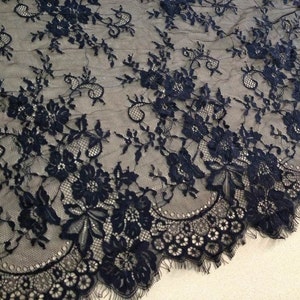 3 Yards*25.6" wide Chantilly Lace Fabric, Black Scalloped Floral Lace Trim, Bridal Wedding Lace Fabric, Black Eyelash Lace, 3 yards