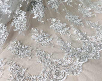 Ivory Embroidered Netting Fabrics, Alencon Sequined Lace, Floral Pattern Scalloped Edging, By 1 Yard