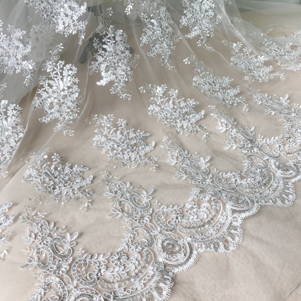 Ivory Embroidered Netting Fabrics, Alencon Sequined Lace, Floral Pattern Scalloped Edging, By 1 Yard