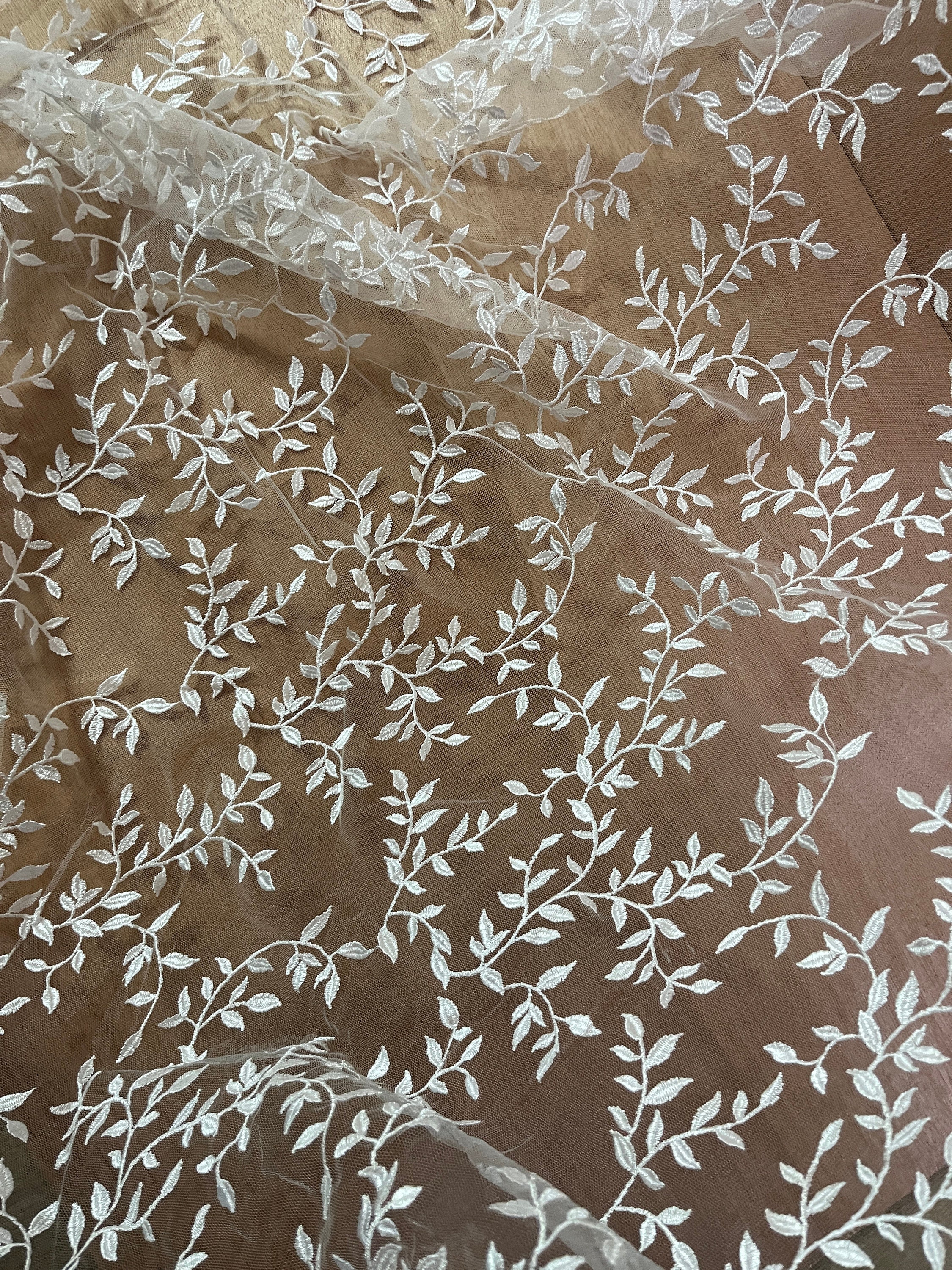 Gorgeous Venice Leaf Embroidery tulle fabric in Off white, Leaf Applique Fabric for Wedding Veil, Detachable train, Couture, by 1 yard