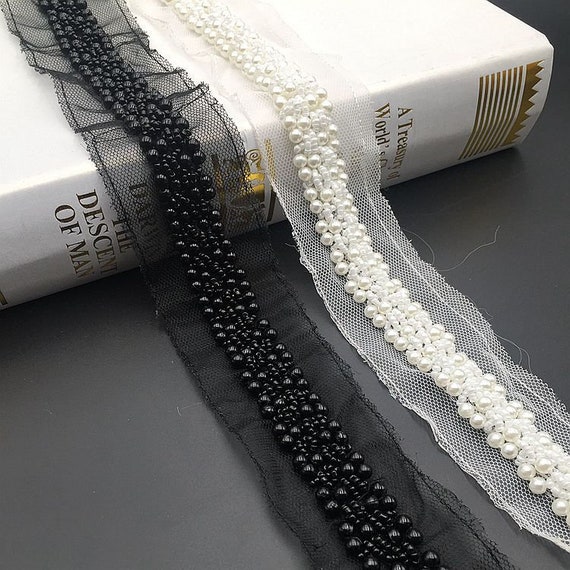 black beaded trim for dresses Black Beaded Lace Trim, Black Pearl and Ribbon Trim for Bridal, Wedding  Sash, Headbands, Clothing Lace