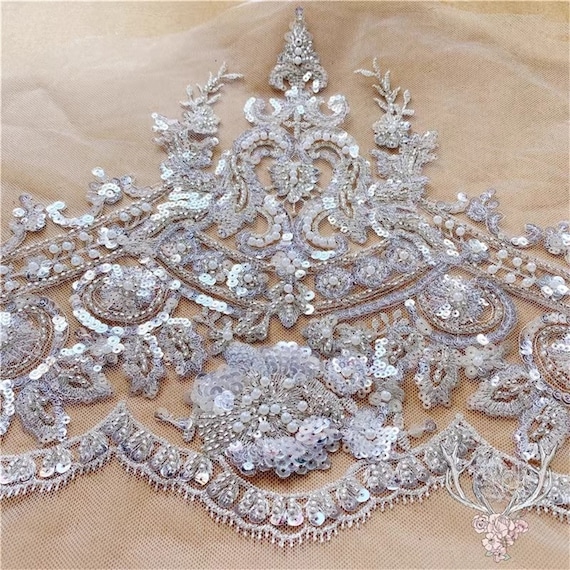 Sparkle Silver Sequins Heavy Beading Lace Trim, Vintage Style scallop border lace trim, Wedding Costume Supply, Church Wedding lace,  1 Pcs