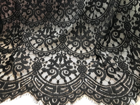 Vintage Chantilly Lace Fabric, Scalloped Floral Eyelash Lace, Black Lace Robe Lace fabric, church dress fabric, 59'' Width