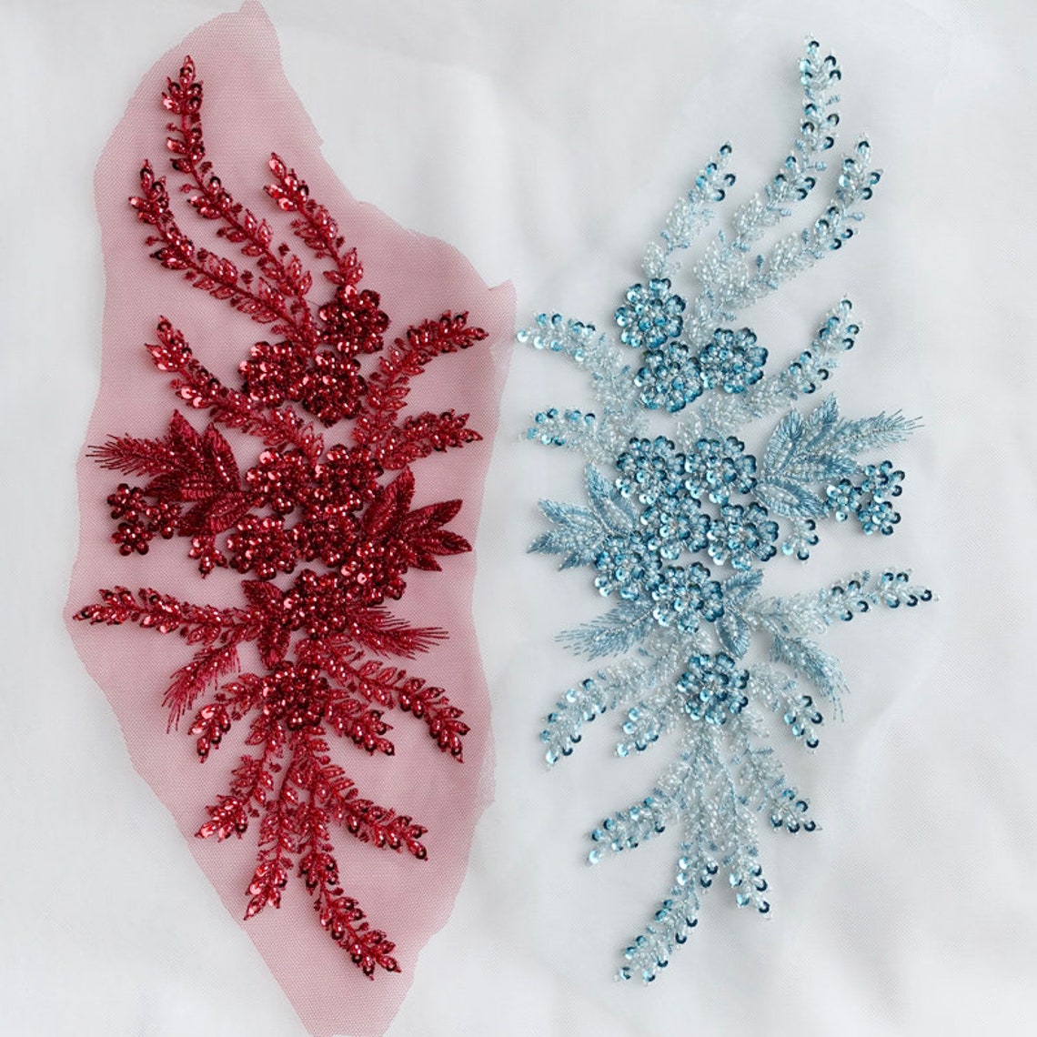 Aqua Beaded Lace Applique Mirror Pair Exquisite Flower Etsy