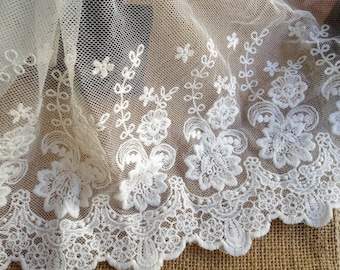 Off White Cotton Embroidery Flowers Lace Mesh Lace Trim for Sewing, Dress, Apparel Supplies, BY 2 yards