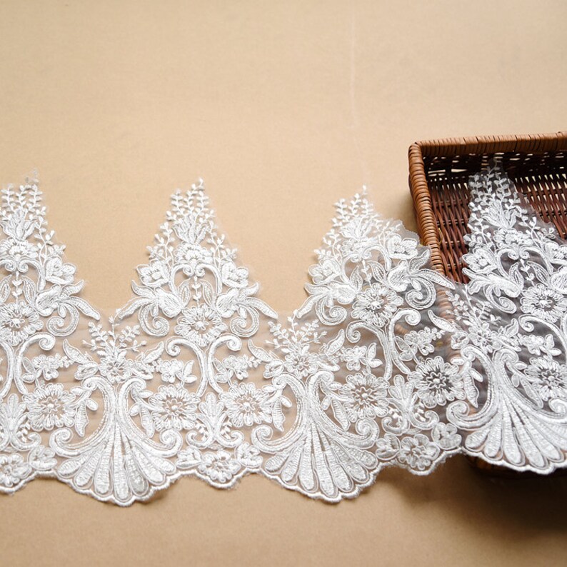 NEW Alencon Floral Lace in Off white, Lace Trim with Scalloped Edging for Wedding Dress Veils Bridal Accessories, by 1 yard image 9