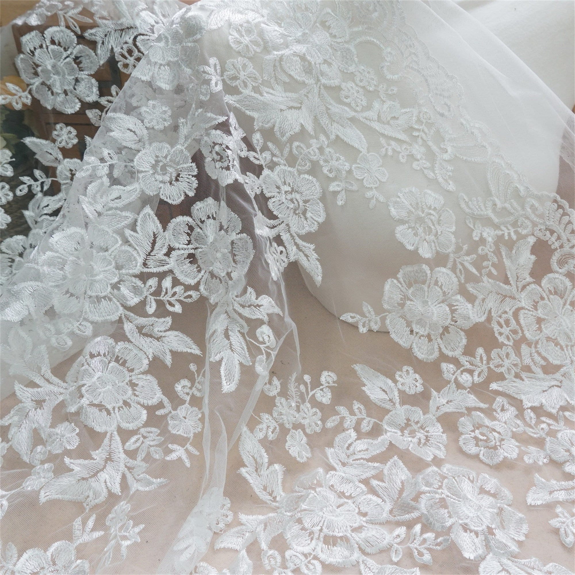 ivory lace fabric for wedding dress Bridal Embroidery Floral Fabric, Delicate Floral Applique lace, Formal Prom lace, Gown lace, rehearsal, by 1 yard anime figure