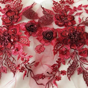 Dark red lace, Beaded lace applique, Rhinestone and Sequins Applique, 3D bridal lace applique, Wine red lace applique, one pair