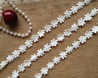 May include: Close-up of white daisy flower trim arranged in parallel lines. The trim is made of a delicate, textured fabric. A strand of white pearls and a red cherry are in the background. The trim is on a brown burlap surface.