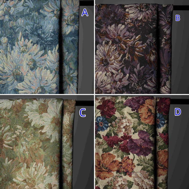 Puede incluir: Cuatro muestras de tela etiquetadas A, B, C y D. La muestra A presenta patrones florales azules y blancos. La muestra B muestra dise&ntilde;os florales de color morado oscuro y negro. La muestra C muestra motivos florales verdes y beige.