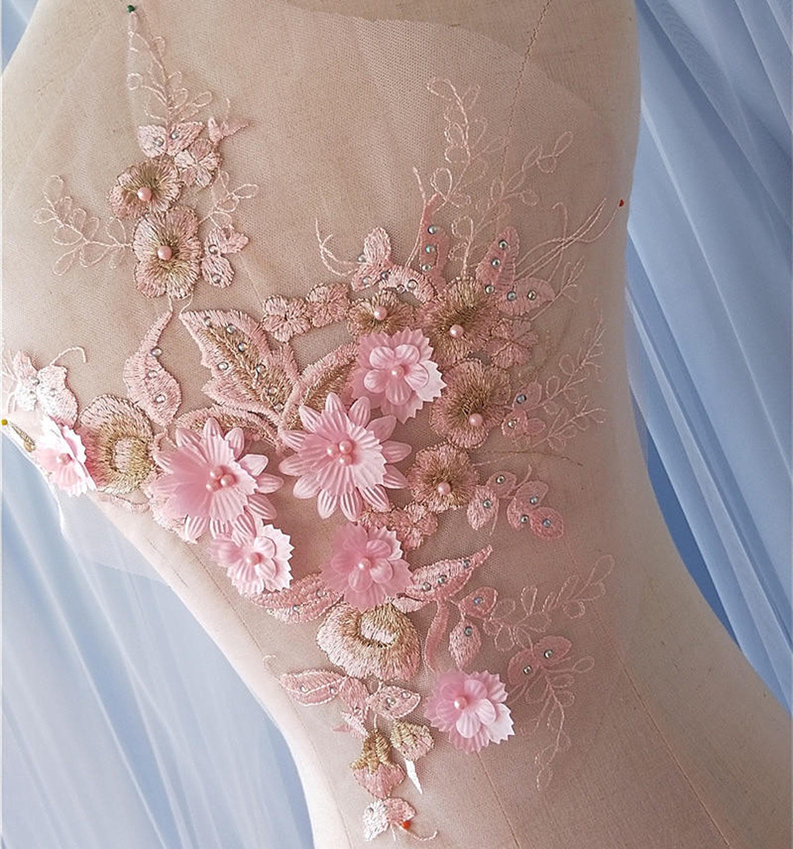 Pink 3d Flower Beaded Petals Lace Applique for Gowns Belly Etsy