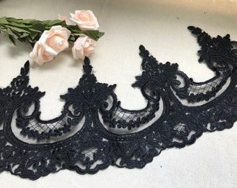 Black Alencon Corded Lace Trim, Retro Scalloped Lace Trim , Scalloped trim , Lace Trim for bridal veil , 8.26''Width, By 1 yard