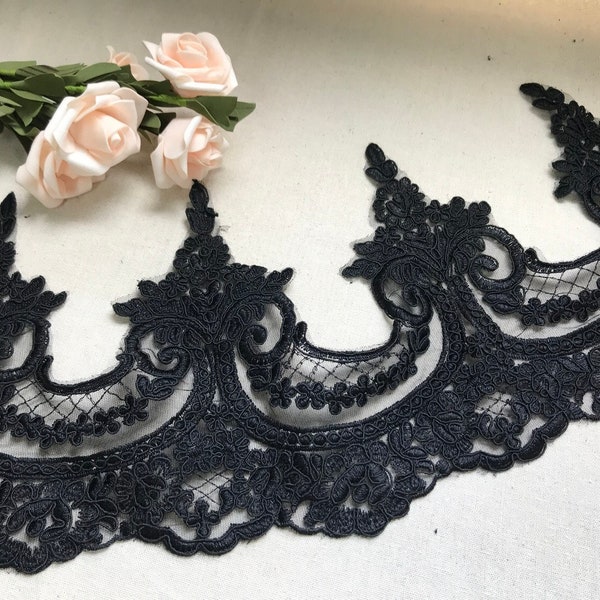 Black Alencon Corded Lace Trim, Retro Scalloped Lace Trim , Scalloped trim , Lace Trim for bridal veil , 8.26''Width, By 1 yard